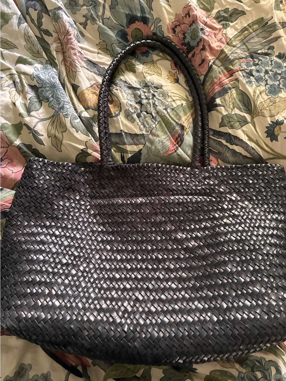 Navy Woven Leather Tote with Braided Handles
